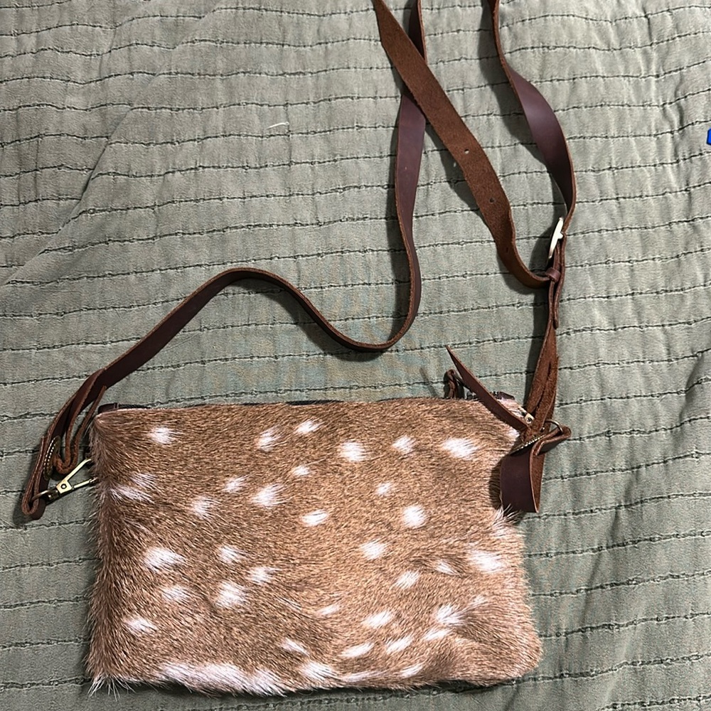 Small, cute axis hide/leather crossbody purse.